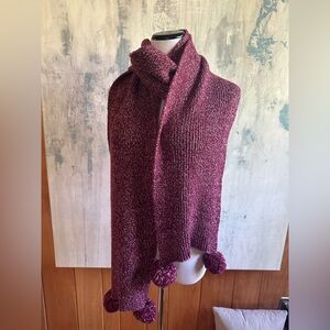Lole Burgundy Red & White Knit Scarf with Pom Poms! Long! Cute! Comfy! 82” long